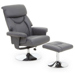 Orsina Comfortable Grey Leather Effect Reclining Chair And Footstool, Easy To Clean Leather Chair, Comfy Footstool - thumbnail 1