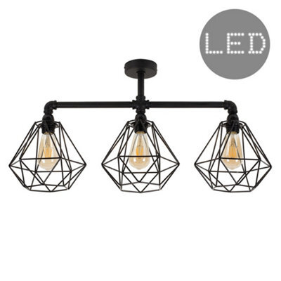 Valuelights Luiggi Satin Black 3 Way Bar Pipework Ceiling Light With Basket Cage Design Black Metal Shades And Led Bulbs - image 1