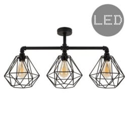 Valuelights Luiggi Satin Black 3 Way Bar Pipework Ceiling Light With Basket Cage Design Black Metal Shades And Led Bulbs - thumbnail 1