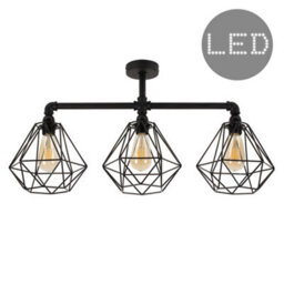 Valuelights Luiggi Satin Black 3 Way Bar Pipework Ceiling Light With Basket Cage Design Black Metal Shades And Led Bulbs