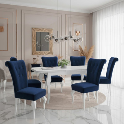 Extendable Dining Table And 6 Chairs Wood Mdf Hdf Chipboard Lara 140 To 180X80X75Cm White Oak Finish White And Blue - image 1