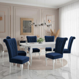 Extendable Dining Table And 6 Chairs Wood Mdf Hdf Chipboard Lara 140 To 180X80X75Cm White Oak Finish White And Blue - thumbnail 1