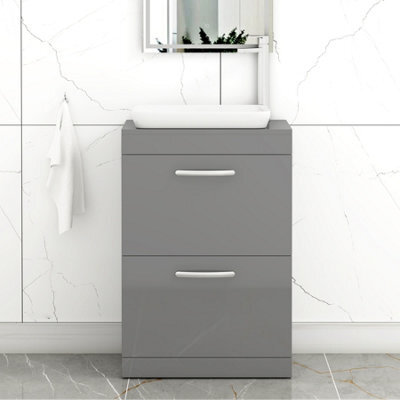 Royal Bathrooms Turin 600mm Freestanding Bathroom Vanity Unit With Sink 2 Drawer Indigo Grey Gloss & Qubix Countertop Basin - image 1