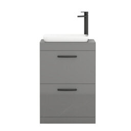 Royal Bathrooms Turin 600mm Freestanding Bathroom Vanity Unit With Sink 2 Drawer Indigo Grey Gloss & Qubix Countertop Basin - thumbnail 5