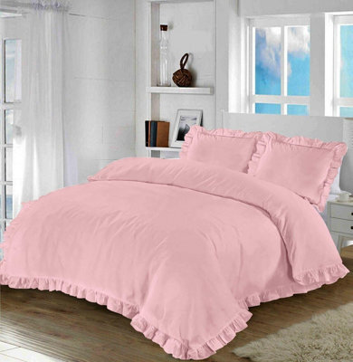 Homes & Linen Santiago Duvet Cover Bedding Set Frilled Edge Easy Care Polycotton Plain Pattern Ruffle Frill Corner With Pillowcases