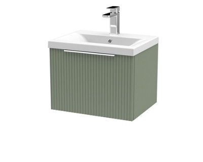 Hudson Reed Fluted Wall Hung 1-Drawer Vanity And Mid-Edge Basin, Contemporary Sink Vanity Unit, Satin Green, 500mm - image 1