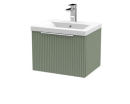 Hudson Reed Fluted Wall Hung 1-Drawer Vanity And Mid-Edge Basin, Contemporary Sink Vanity Unit, Satin Green, 500mm - thumbnail 4