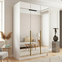 Calia Iii 150Cm Three Door Wardrobe Modern Mirror Front With Contoured Profile Shelves Hanging Rail White Gold - thumbnail 2