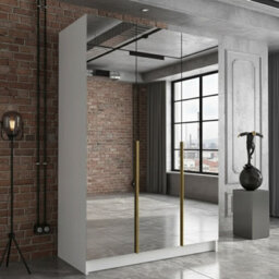 Calia Iii 150Cm Three Door Wardrobe Modern Mirror Front With Contoured Profile Shelves Hanging Rail White Gold