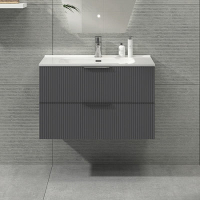 Royal Bathrooms Evora 800mm Graphite Grey Fluted Wall Hung Bathroom Vanity Unit 2 Drawer Cabinet Storage With Ceramic Basin Sink - 1 Tap Hole - image 1
