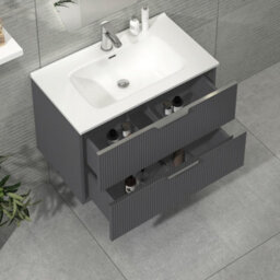 Royal Bathrooms Evora 800mm Graphite Grey Fluted Wall Hung Bathroom Vanity Unit 2 Drawer Cabinet Storage With Ceramic Basin Sink - 1 Tap Hole - thumbnail 3
