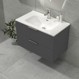 Royal Bathrooms Evora 800mm Graphite Grey Fluted Wall Hung Bathroom Vanity Unit 2 Drawer Cabinet Storage With Ceramic Basin Sink - 1 Tap Hole - thumbnail 4