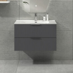 Royal Bathrooms Evora 800mm Graphite Grey Fluted Wall Hung Bathroom Vanity Unit 2 Drawer Cabinet Storage With Ceramic Basin Sink - 1 Tap Hole