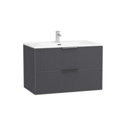 Royal Bathrooms Evora 800mm Graphite Grey Fluted Wall Hung Bathroom Vanity Unit 2 Drawer Cabinet Storage With Ceramic Basin Sink - 1 Tap Hole - thumbnail 5
