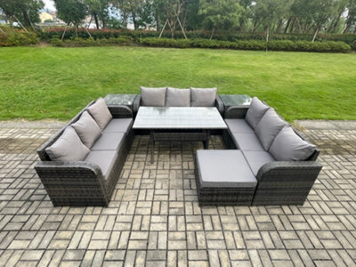 Fimous Patio Rattan Garden Furniture Set With Oblong Dining Table Big Footstool 2 Side Tables 10 Seater Outdoor Lounge Sofa Set - image 1