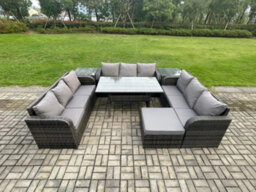 Fimous Patio Rattan Garden Furniture Set With Oblong Dining Table Big Footstool 2 Side Tables 10 Seater Outdoor Lounge Sofa Set - thumbnail 1