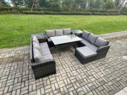 Fimous Patio Rattan Garden Furniture Set With Oblong Dining Table Big Footstool 2 Side Tables 10 Seater Outdoor Lounge Sofa Set - thumbnail 2