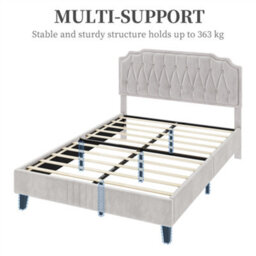 Yaheetech Upholstered Bed Frame With Button-Tufted Adjustable Headboard - Beige / Double - thumbnail 8
