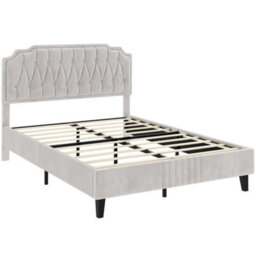 Yaheetech Upholstered Bed Frame With Button-Tufted Adjustable Headboard - Beige / Double - thumbnail 2