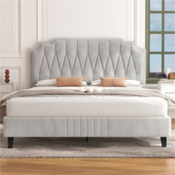 Yaheetech Upholstered Bed Frame With Button-Tufted Adjustable Headboard - Beige / Double - thumbnail 1