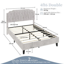 Yaheetech Upholstered Bed Frame With Button-Tufted Adjustable Headboard - Beige / Double - thumbnail 4