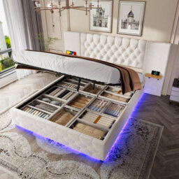 Btm 135X190Cm Bed Frame, Wide Headboard, Led, Usb-C, Hydraulic Storage, Shelves, Beige - thumbnail 1