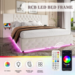 Btm 135X190Cm Bed Frame, Wide Headboard, Led, Usb-C, Hydraulic Storage, Shelves, Beige - thumbnail 4