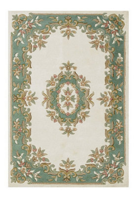Traditional Rug, Cream Green Floral Rug, 20mm Thickness Bordered Rug, Handmade Living Room Rug, Wool Rug-160Cm X 235Cm