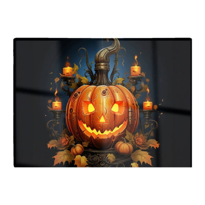 Warren Reed Designer Spooy Pumpkin And Small Candles Glass Chopping Board - image 1