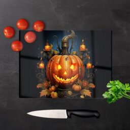 Warren Reed Designer Spooy Pumpkin And Small Candles Glass Chopping Board - thumbnail 3