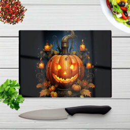 Warren Reed Designer Spooy Pumpkin And Small Candles Glass Chopping Board - thumbnail 4