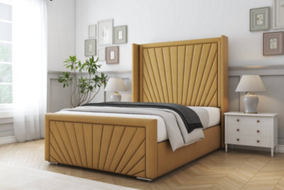 "Sloomy Rutherford Mustard Plush Bed Frame With 50"" Upholstered Wingback Headboard 4'6 Double" - image 1