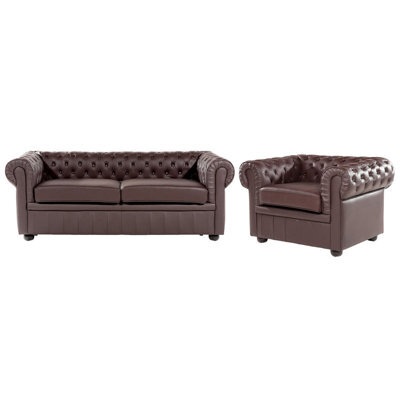 Beliani Living Room Set 4 Seater Chesterfield Leather Brown - image 1
