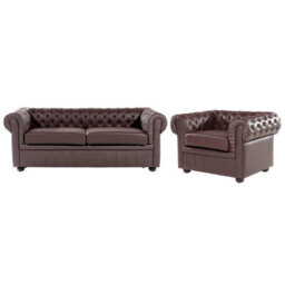 Beliani Living Room Set 4 Seater Chesterfield Leather Brown - thumbnail 1