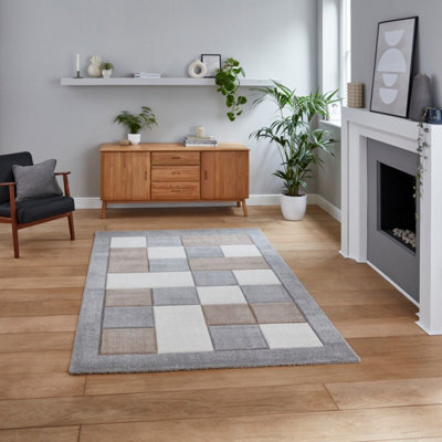 Grey Beige Modern Bordered Chequered Geometric Rug For Dining Room-160Cm X 220Cm - image 1