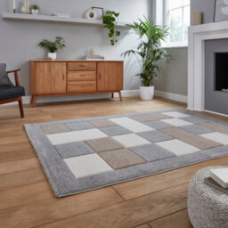 Grey Beige Modern Bordered Chequered Geometric Rug For Dining Room-160Cm X 220Cm - thumbnail 2