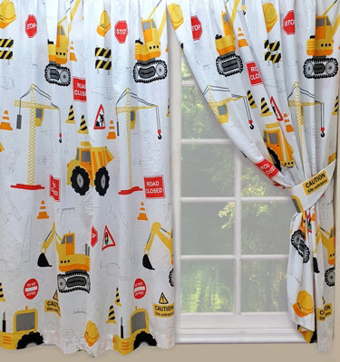 "Kidz Kollectionz 66"" X 72"" Construction Curtain Set, Unlined, Pencil Pleat, Diggers, Trucks, Yellow White" - image 1