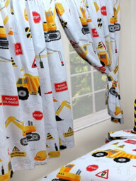 "Kidz Kollectionz 66"" X 72"" Construction Curtain Set, Unlined, Pencil Pleat, Diggers, Trucks, Yellow White" - thumbnail 2