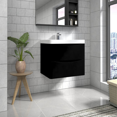 Sundaze 600mm Matt Black 2 Drawer Wall Hung Vanity Bathroom Cabinet & Basin Set - image 1