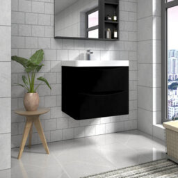 Sundaze 600mm Matt Black 2 Drawer Wall Hung Vanity Bathroom Cabinet & Basin Set - thumbnail 1