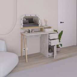 Decortie Avien Make-Up Dressing Table Set Led Lights Mirror 3-Drawer 1-Door Storage 105(W)Cm Vanity Table(Gold Marble Effect, Oak) - thumbnail 5