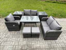 Fimous 7 Seater Outdoor Garden Dining Sets Rattan Furniture With Armchairs Love Sofa 2 Small Footstools 2 Side Tables - thumbnail 1