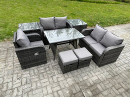 Fimous 7 Seater Outdoor Garden Dining Sets Rattan Furniture With Armchairs Love Sofa 2 Small Footstools 2 Side Tables - thumbnail 2