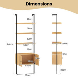 Costway 5-Tier Ladder Bookcase 184Cm Tall Wall-Mounted Bookshelf-Natural - thumbnail 2