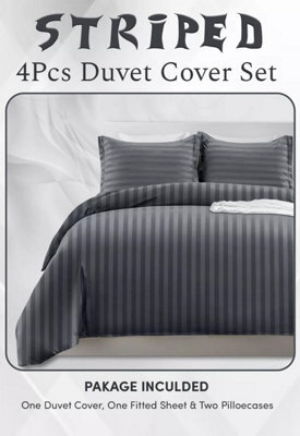 Ameha Charcoal Striped Microfibre Bedding Set Double, Reversible & Breathable Duvet Cover, Fitted Sheet & Pillowcases - image 1
