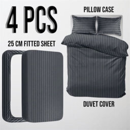 Ameha Charcoal Striped Microfibre Bedding Set Double, Reversible & Breathable Duvet Cover, Fitted Sheet & Pillowcases - thumbnail 2