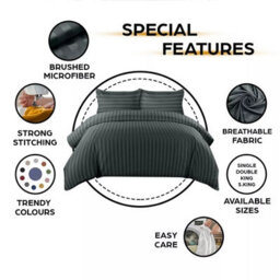 Ameha Charcoal Striped Microfibre Bedding Set Double, Reversible & Breathable Duvet Cover, Fitted Sheet & Pillowcases - thumbnail 3