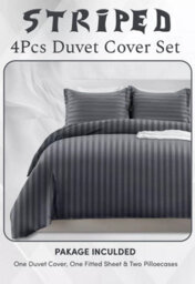Ameha Charcoal Striped Microfibre Bedding Set Double, Reversible & Breathable Duvet Cover, Fitted Sheet & Pillowcases - thumbnail 1