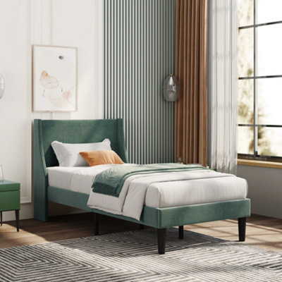 Single Bed Soft Linen 3Ft Upholstered Bed With Winged Headboard Wood Slat Support - image 1