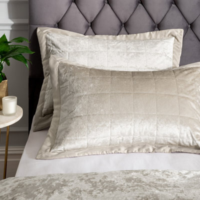 Catherine Lansfield Pillowcases Crushed Velvet Quilted 50X75Cm + Border Pack Of 2 Pillow Cases With Envelope Closure Natural - image 1